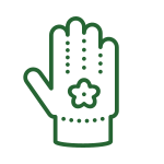 A simple green outline drawing of a right hand glove with dotted lines and a small flower shape on the palm, set against a light background.