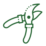 A simple green line drawing of garden pruning shears with curved blades and short handles, shown on a light background.