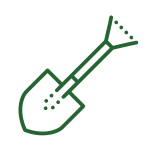 A simple green line drawing of a shovel with a pointed blade and a D-shaped handle, displayed on a light gray background.