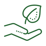 A simple green line drawing of an open hand holding a leaf, symbolizing care for nature or environmental protection.